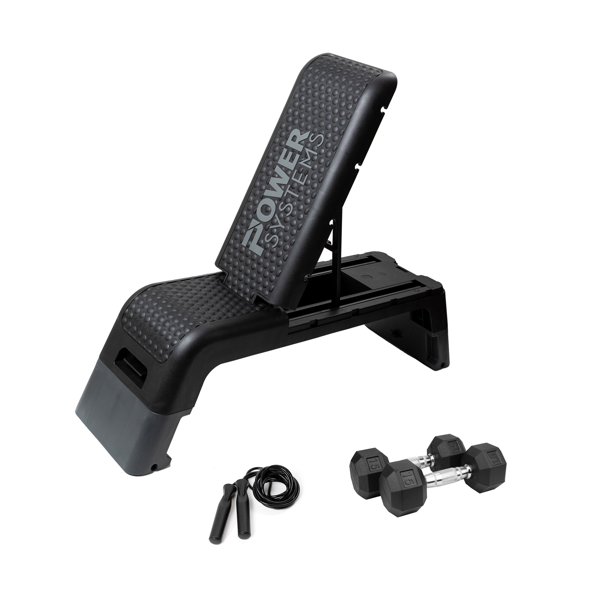 Workout bench, black vinyl jump rope, and a set of dumbbells.