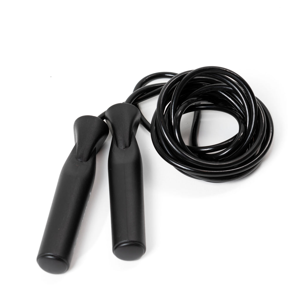 Black vinyl jump rope with black handles.