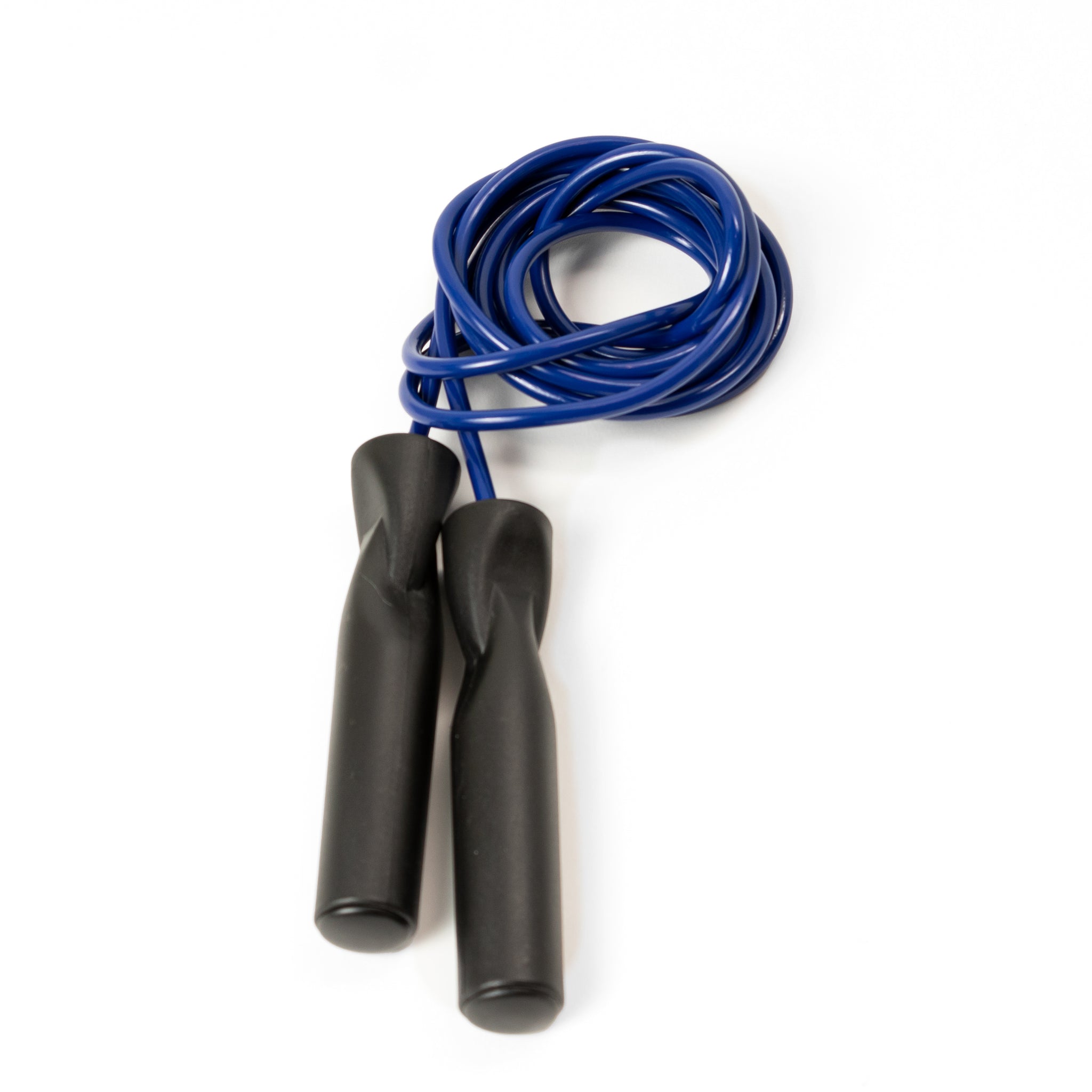 Blue vinyl jump rope with black handles.