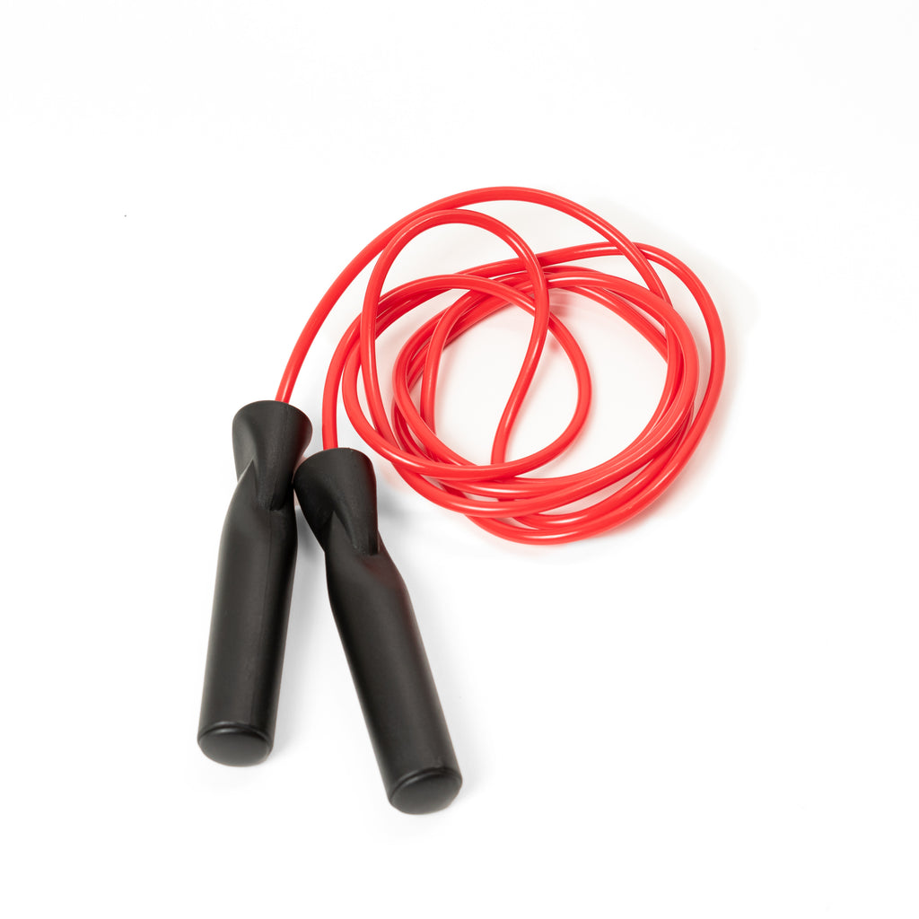 Red vinyl jump rope with black handles.