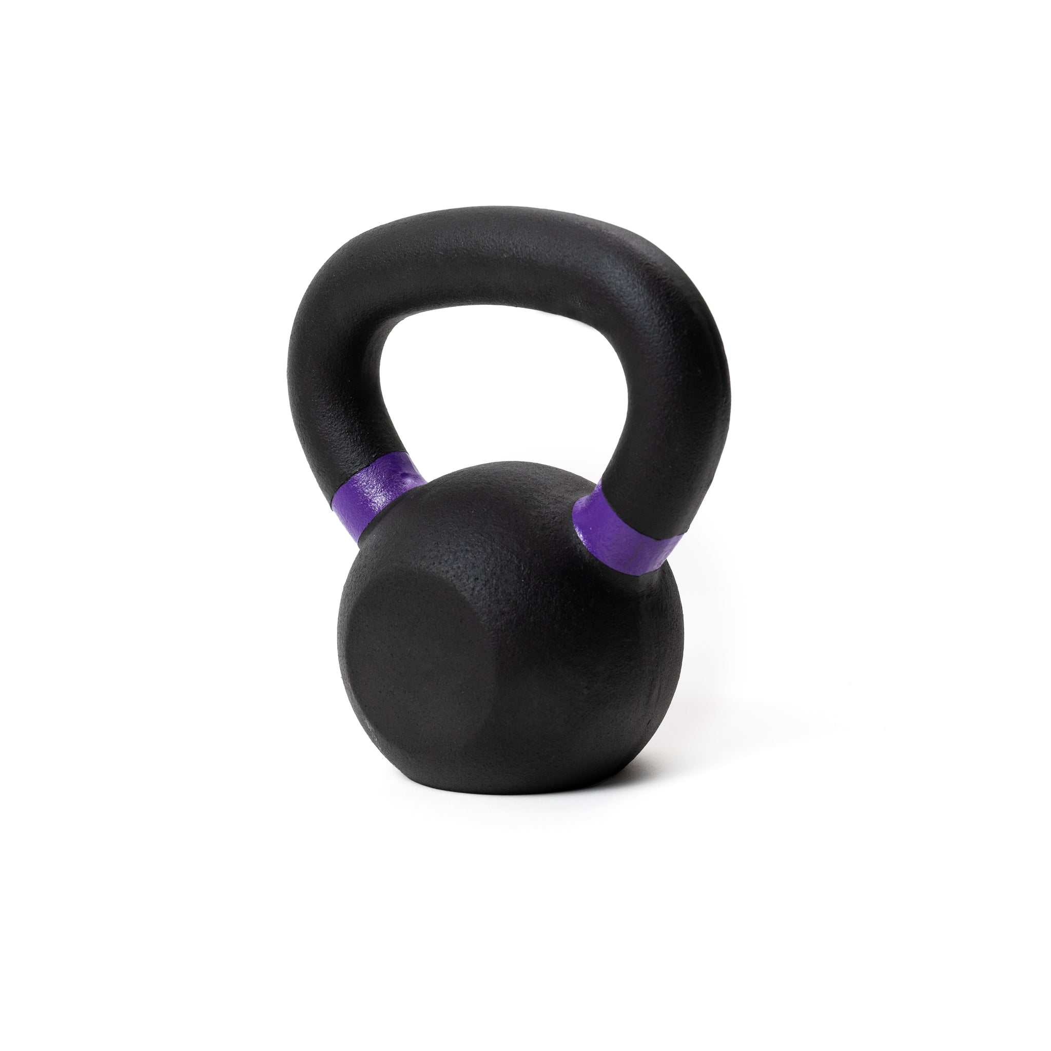 15 lb black kettlebell with some purple on the handle. 