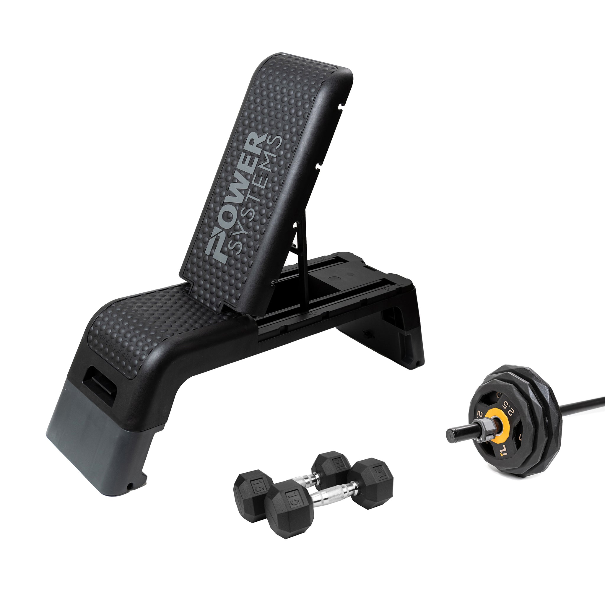 Workout bench, a set of dumbbells, and a pump bar with plates and a lock jaw.